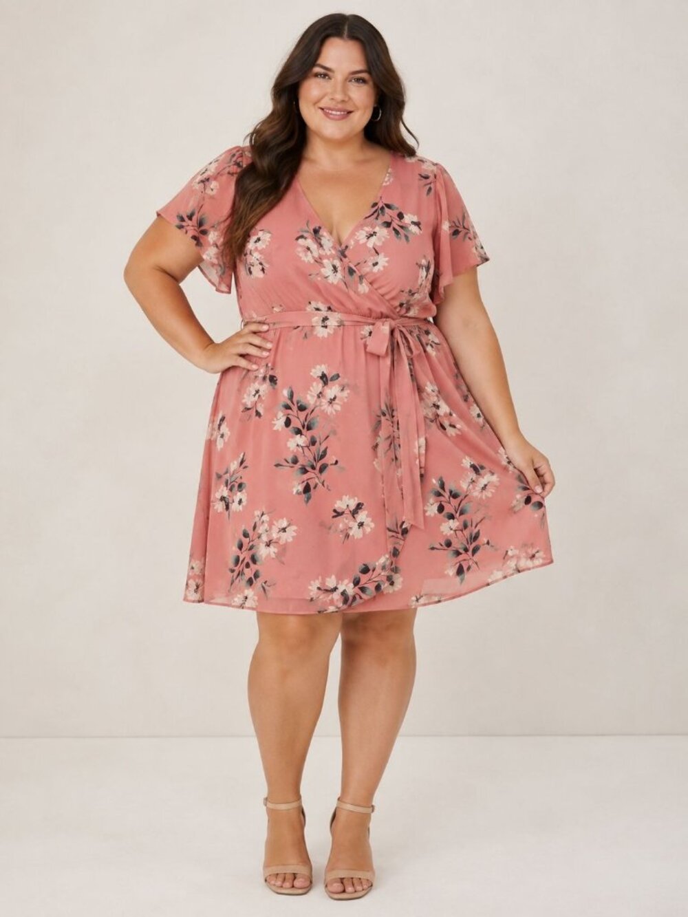 Torrid Floral Wrap Dress Pink Boho Mini Dress Plus Size Cottagecore Flutter Slee